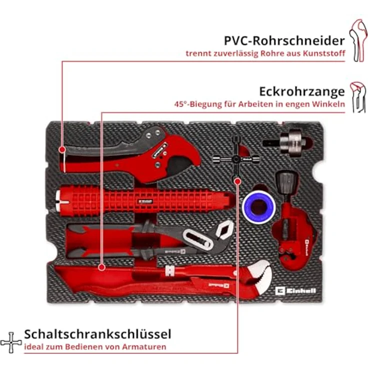 Einhell Pad Sanitärinstallation 8-tlg. Klempner-Set mit Rohrschneider, Beckenschlüssel, Zangen, Blechstanze, Schaltschrankschlüssel und Isolierband im E-Case-System – Bild 5