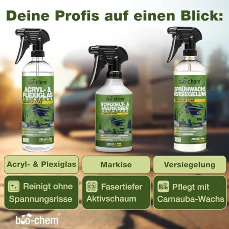 bio-chem Caravan Außenpflege PREMIUM-SET 8-teilig Allzweckreiniger, für Fenster, Glas, Vorzelt, Planen, 3750 ml – Bild 4