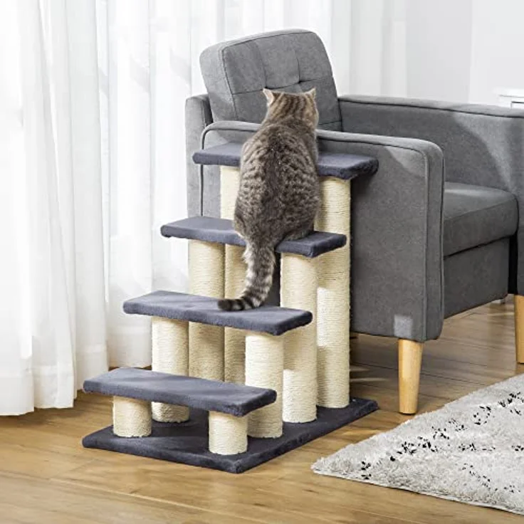 PawHut Tiertreppe Katzentreppe Hundetreppe 4 Stufen Treppe für Katze und Hunde Plüsch Grau 60 x 42 x 61 cm – Bild 2