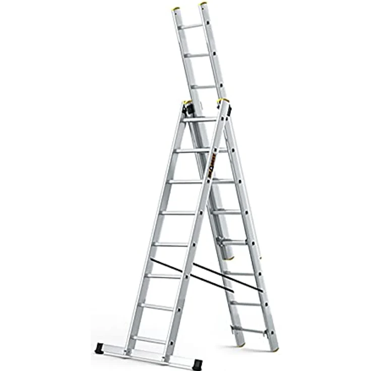 DRABEST Leiter PRO Serie Aluleiter 3-teilig Leiter PRO 3x8 Stufen Kombileiter Arbeitshöhe 5,56 m Belastbarkeit 150 kg inkl. Eimerhaken – Bild 1