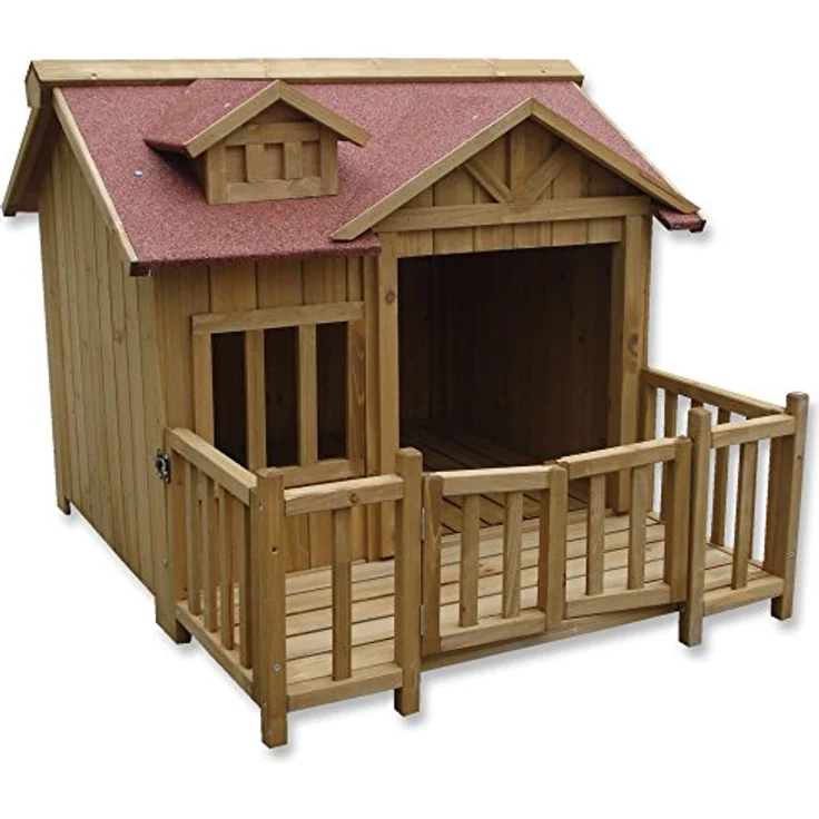 Wiltec Luxus XL Hundehütte 93,5 x 77,5 x 70 cm, braun, Hundehaus aus Holz mit Veranda, für Balkon Garten Terrasse – Bild 2