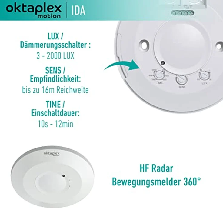 Oktaplex Ida Decken-Bewegungsmelder flach 360° Hochfrequenz-Sensor 2-16m Reichweite 230V Präsenzmelder weiß mit Dämmerungssensor – Bild 2
