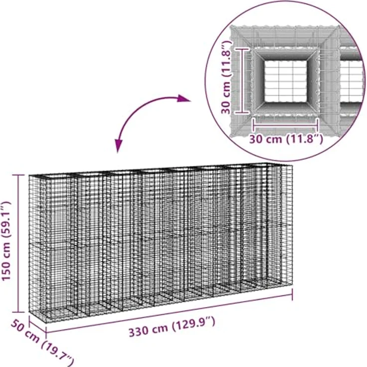 vidaXL Gabionen Hochbeet 4 pcs, Rechteckig, Silber, 330 x 50 x 150 cm, Wetterfest, Sichtschutzpaneele für Garten und Terrasse – Bild 3