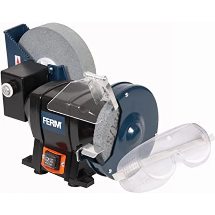 FERM Nass und Trockenschleifmaschine - Doppelschleifmaschine 250W - 150mm - Incl. P80 (Nass) und P36 (Trock) Schleifstein, Schutzbrille und Funkenfänger – Bild 2