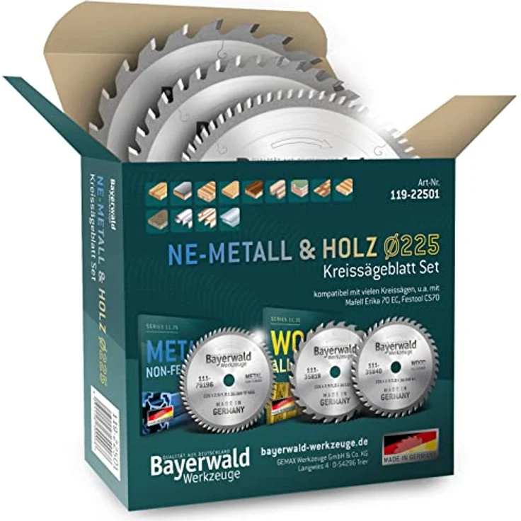 Bayerwald - Kreissägeblatt Set Ø 225 (3 tlg.) - für Holz & NE-Metall - geeignet für Mafell Erika 70 EC, Festool CS70 - HM (Hartmetall) - 225 x 2.5/1.8 x 30 Z32, Z48, Z68 TF - für Holz und Metallbearbeitung – Bild 1