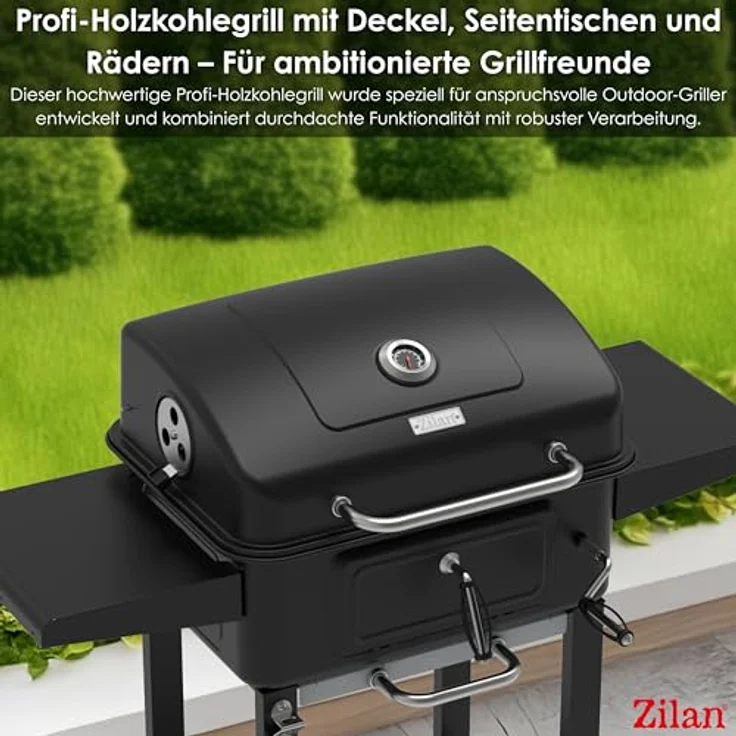Zilan Holzkohlegrill XXL, Standgrill mit Deckel, höhenverstellbarer Kohlewanne, Thermometer, 54x42,5 cm Grillfläche, Schwarz/Chrom, inkl. Aschebehälter und Ablageflächen – Bild 3