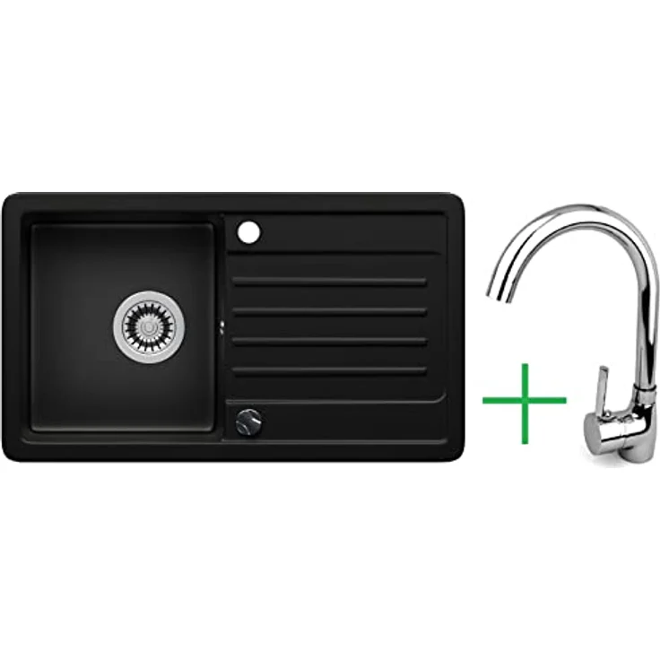 Lindbergh Spülen Rein Schwarz Granit Spüle VEL44 + 1-Helia Armatur + Siphon DREHEXCENTER - MADE IN GERMANY, kratzfest und hitzebeständig bis 280°C – Bild 1