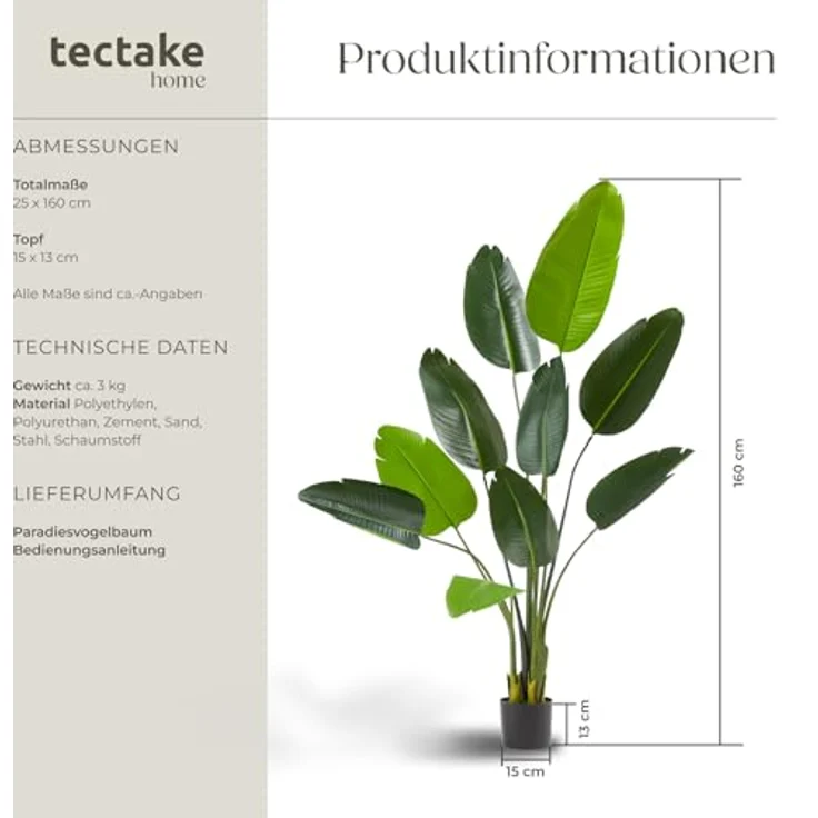 tectake Künstlicher Paradiesvogelbaum, 160 cm, Kunststoff, grünes Blattdesign, pflegeleicht und stabil in Blumentopf – Bild 2