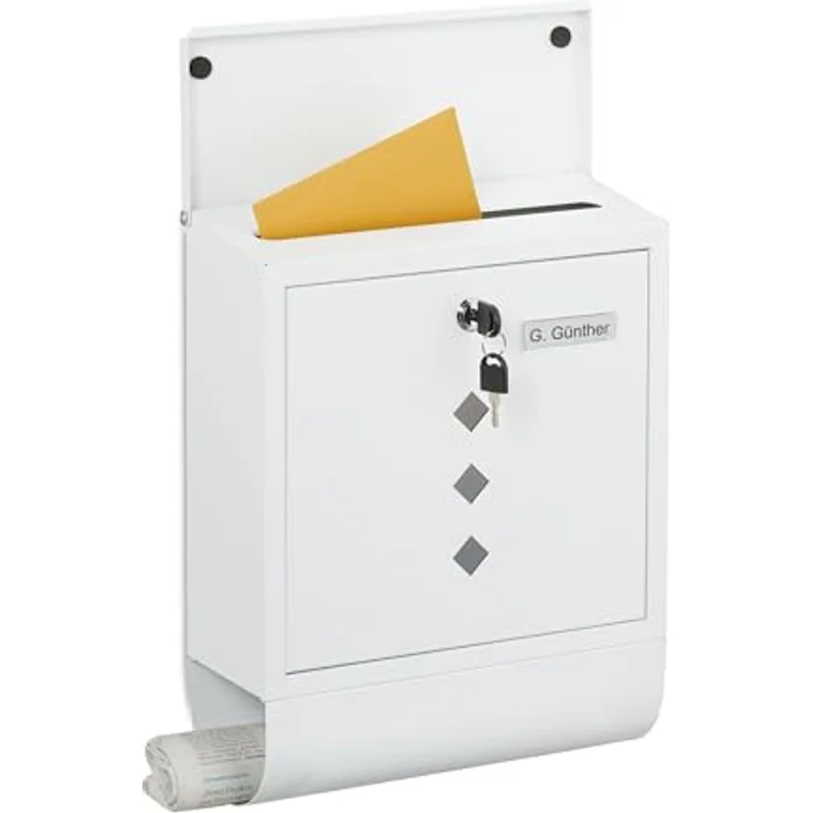 relaxdays Briefkasten mit Zeitungsfach, weiß, modernes Design aus pulverbeschichtetem Eisen, inkl. Zylinderschloss und Sichtfenster – Bild 1