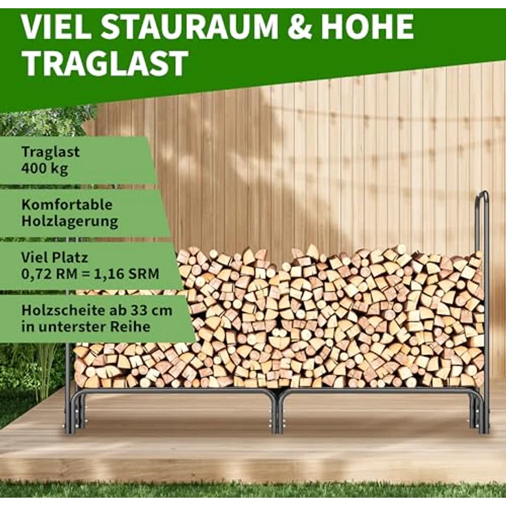 TTL GARDEN Kaminholzregal M, 200x36x116cm schwarz mit wetterfester Abdeckung, Metall Stahlrohrrahmen, für innen und außen, bis 400kg Holz, Gitterboden, rostfrei – Bild 5