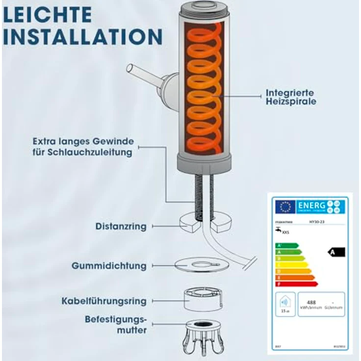 MAXXMEE Elektrische Edelstahl Armatur mit Durchlauferhitzer, 3600 Watt, 60 °C warmes Wasser, LED Temperaturanzeige, 2 wechselbare Wasserhähne – Bild 5