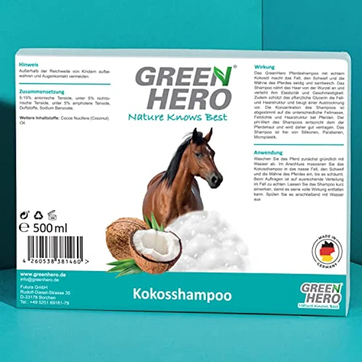 GreenHero Kokosshampoo für Pferde, 500 ml - natürliches Kokosöl, pH-neutral, seidig glänzendes Fell – Bild 6