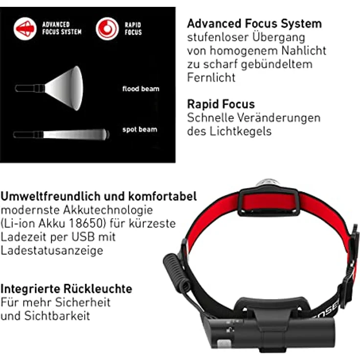 Ledlenser Stirnlampe H8R Akku, 600 Lumen, Rücklicht, spritzwassergeschützt – Bild 4