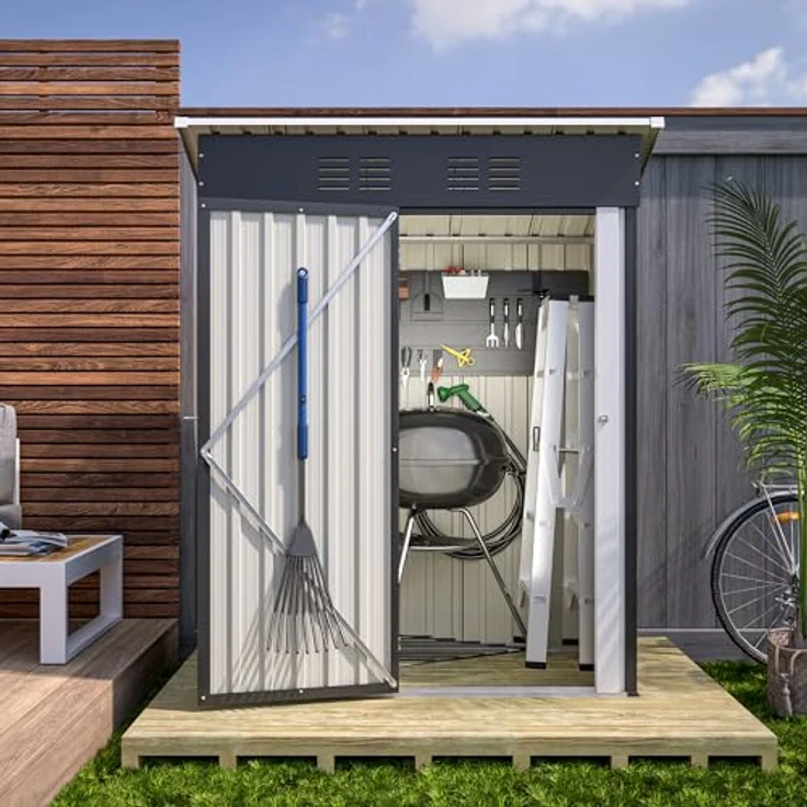 Thanaddo Geräteschuppen Gerätehaus 152 x 84 x 182 cm, 1,5m³ Stauraum wetterfest Gartenschuppen aus Metall, Anthrazit - Pultdach, Belüftungslöcher, Abschließbare Tür – Bild 4