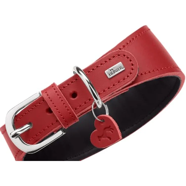 Hunter Windhund Love Halsband 32/XS, Rot/Schwarz, Rindnappaleder mit Polsterung und Herz-Zierelementen, Halsband + Leine – Bild 5