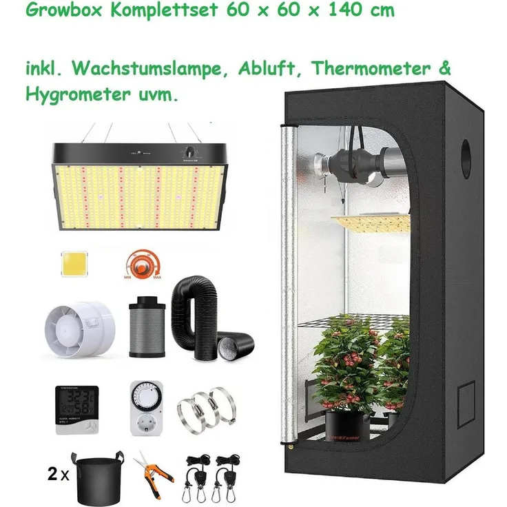 JUNG Gewächshaus Growbox Komplettset Anzuchtset mit Zuchtzelt LED Lampe, Anbau Pflanzen, 60 x 60 x 140 cm, mit Abluft Cannabis Set Box Pflanze, Growzelt, Grow Box Zelt, Pflanzenlampe Pflanzen Anbau Zelt