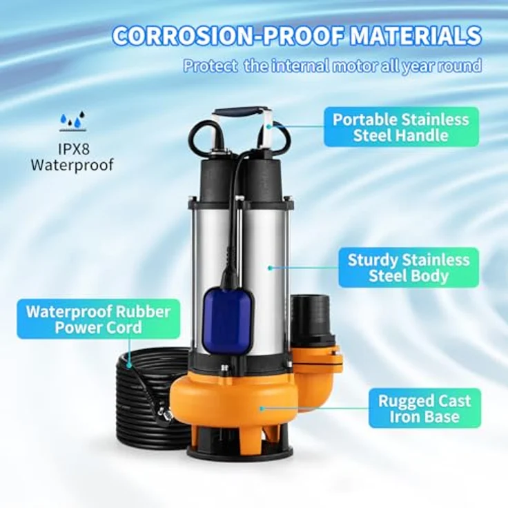 VEVOR Schmutzwasserpumpe Tauchpumpe 2200W, Durchfluss 60000L/h, max. Hub 18m, IPX8, mit variablen Schwimmerschalter – Bild 5
