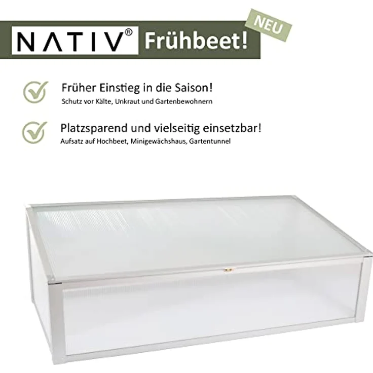 NATIV Frühbeet aus Aluminium | Frühbeetkasten 56,5 x 110 cm | Frühbeet Aufsatz für Hochbeet | Mini Gewächshaus | Hochbeet Abdeckung mit 2-Fach arretierbarem Dach – Bild 3