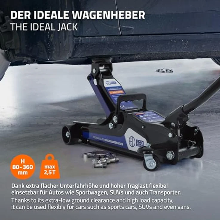 ECD Germany Wagenheber hydraulisch 2,5T, 80-36 mm, Gummiauflagen & SUV-Adapter, schwarz – Bild 7