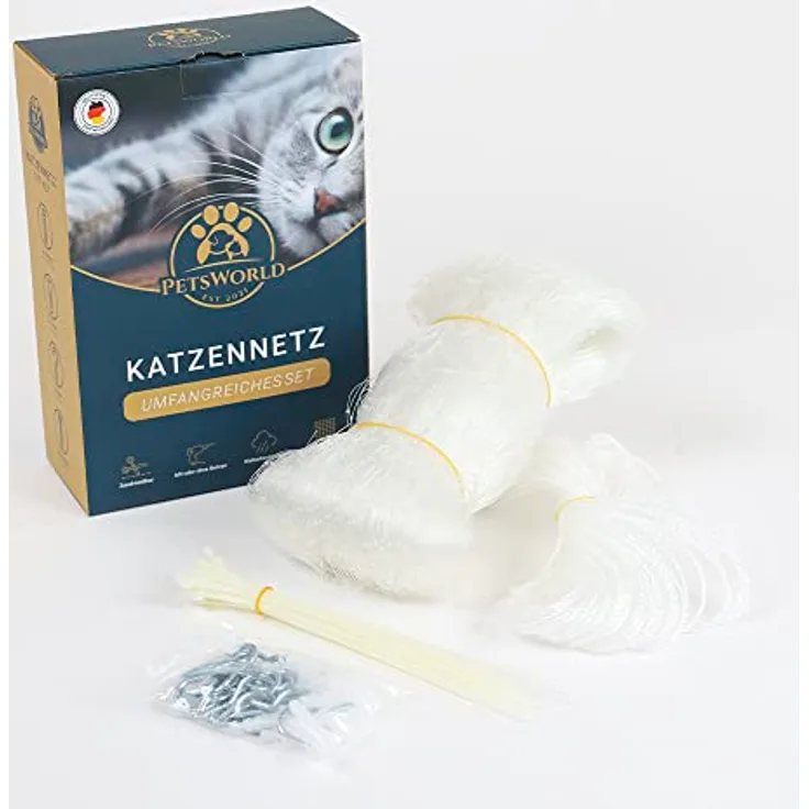 PETSWORLD EST 2021 Katzennetz 8 x 3 Meter für den Balkon inkl. Kabelbinder und Befestigungsmaterial | Katzenschutznetz wetterbeständig mit geknoteten Maschen