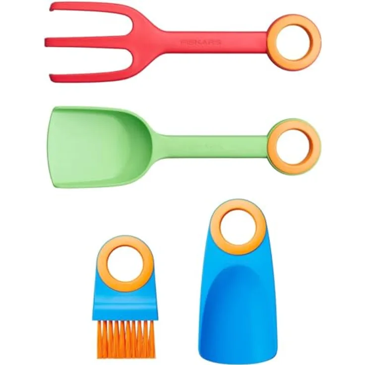 Fiskars Handgeräte-Set für Kinder, Blumenkelle, Pflanzgabel, Bürste und Pflanzkelle ohne Stiel, 4-in-1-Set, Glasfaserverstärkter Kunststoff, MyFirst Fiskars, Grün/Rot/Blau/Orange