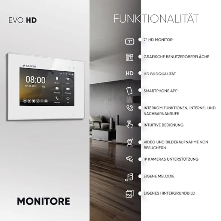 Balter EVO-HD Video Türsprechanlage, 3-Familienhaus Set mit 3x 7 Zoll HD Monitor, Full HD-Kamera und 175° Weitwinkel, Smartphone App, 2-Draht Bus-Technik – Bild 3
