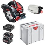 Mafell Akku Handkreissäge K 65 18M bl, extrem leistungsfähig mit 67 mm Schnitttiefe, inkl. Sägeblatt 2x Akku CAS 91D801