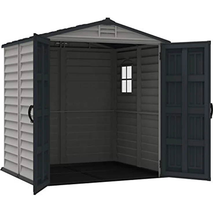 Duramax StoreMate PLUS 6 x 6 (3.65 m²) Kunststoff gerätehaus mit robustem Kunststoffboden und 1 festen Fenster, robuste Metalldachkonstruktion, feuerhemmend und wartungsfrei, Dunkelgrau & Adobe – Bild 3