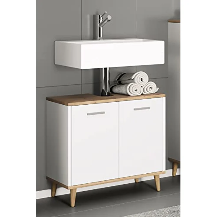 VCM Badmöbel Badunterschrank Waschbeckenunterschrank Badezimmer Schublade Landos Weiß/Honig-Eiche – Bild 3