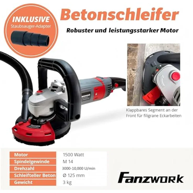 FANZTOOL Betonschleifer Set mit Diamantschleiftopf und Premium Absaughaube 1500W-125mmund – Bild 4