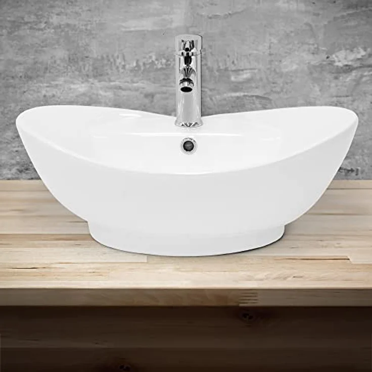 ML-Design Waschbecken aus Keramik Weiß glänzend 59x20,5x39,5 cm, Ovale Aufsatzwaschbecken, Moderne Waschtisch, Waschschale mit Abflussloch, Waschplatz Handwaschbecken, für das Badezimmer und Gäste-WC – Bild 3