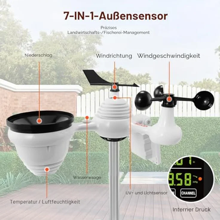 VEVOR WLAN-Wetterstation 7-in-1, solarbetrieben, 7,5 Zoll HD-Display, 150m Übertragungsreichweite, Außensensor für Windgeschwindigkeit, Temperatur, Luftfeuchtigkeit und Niederschlag – Bild 2