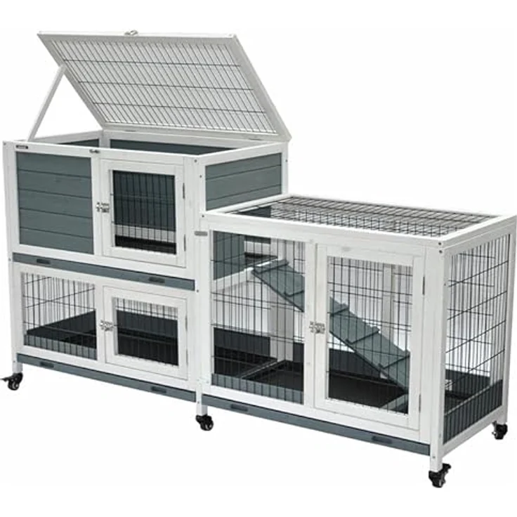 nanook Kleintierstall Nagerstall Indoor, zweistöckig mit 3 Kotschubladen und Rollfüßen, grau-weiß, 146 x 89 cm – Bild 1