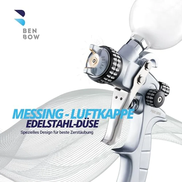 BenBow Lackierpistole PK60 HVLP Mini 0,8 mm Düse + 100 ml Fließbecher - Effizient, präzise und vielseitig einsetzbar - Aluminium Gehäuse, hohe Sprühqualität (Blau) – Bild 4