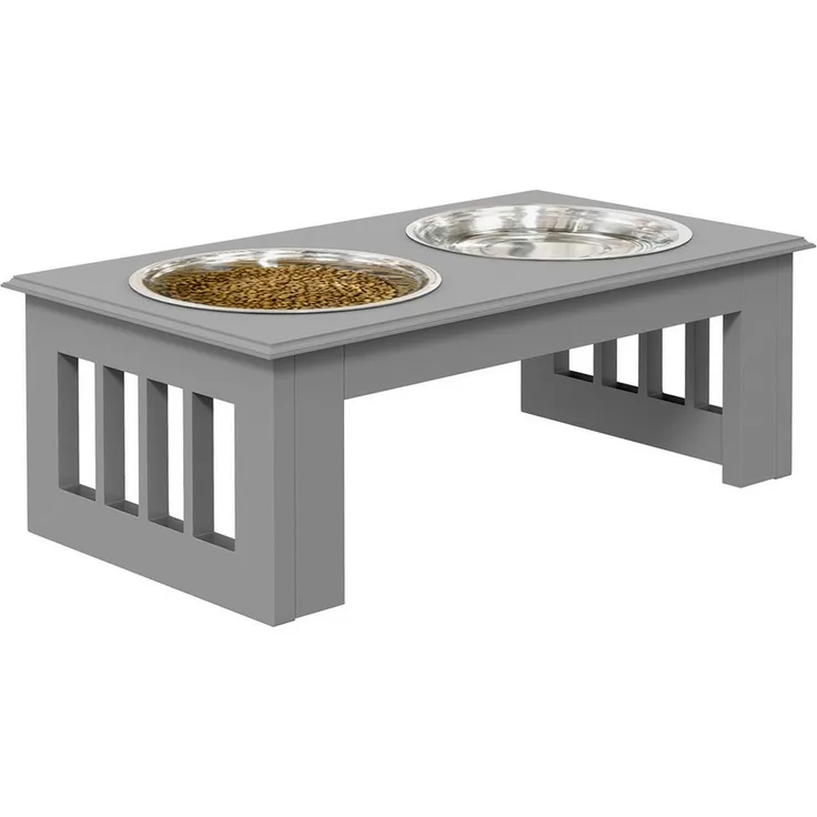 PawHut Futternapf Hundenapf mit 2 Näpfe, Pflegeleicht, Edelstahl, MDF, für Wohnzimmer, Balkon, Grau