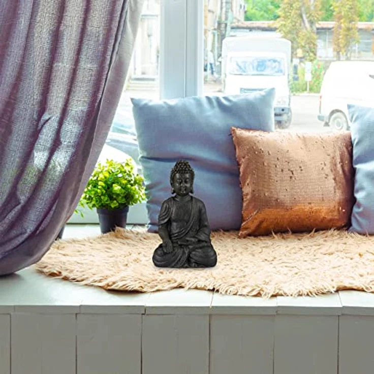 Relaxdays Buddha Figur sitzend, 30 cm, Gartenfigur, Dekofigur Wohnzimmer, Keramik, wetterfest, frostsicher, dunkelgrau – Bild 3