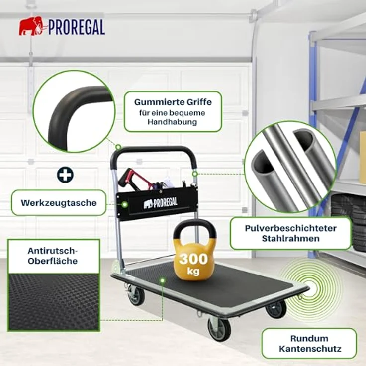 PROREGAL® Transportwagen RHINO, Klappbarer Profi-Transportwagen mit 300 kg Traglast, 2x 360° Lenkrollen & 2x Bockrollen mit Feststellbremse, rutschfeste Ladefläche, praktischer Werkzeugtasche – Bild 2