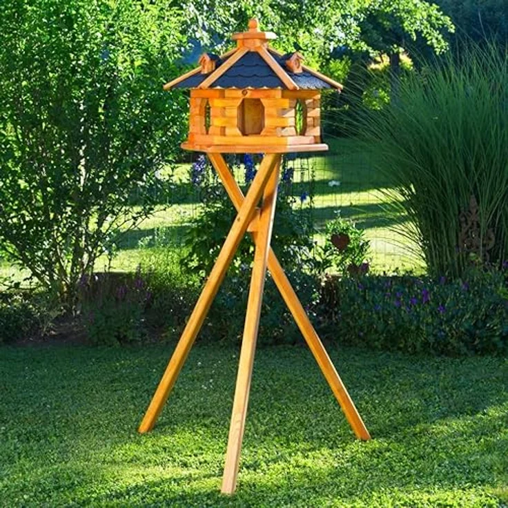 Deko-Shop-Hannusch Vogelhaus wahlweise mit Ständer und Solarbeleuchtung, Verschiedene Größen L - XXL und Dachfarben möglich, Futterhaus mit Futtersilo und wetterfestem Bitumendach, Holz, V16 – Bild 1