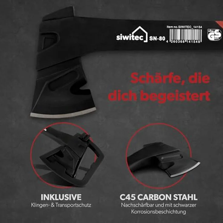 siwitec Universalaxt SN-80, Spaltaxt mit 800 Gramm Kopfgewicht, Axt zum Holz spalten mit glasfaserverstärktem Kunststoff-Stiel und C45 Carbon Klinge, Beil – Bild 4