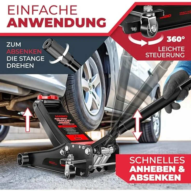 Masko Wagenheber hydraulisch mit flacher Hubhöhe, 2x Gummiauflage, Handschuhe - 3 Tonnen, schwarz – Bild 6