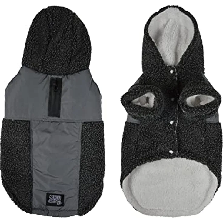 Dynamic24 Hunde Mantel Teddyfleece mit Kapuze Winterjacke Hundemantel (M) - Teddyfleece gefüttert, warm, einfaches An- und Ausziehen