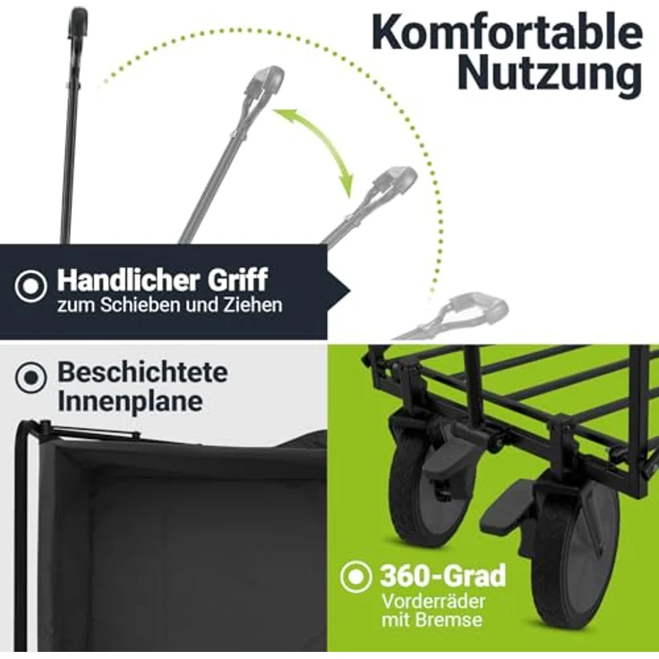 Juskys Faltbollerwagen, Transportwagen mit 100 kg Tragkraft, für Outdoor & Camping, schwarz mit Getränkehaltern – Bild 4
