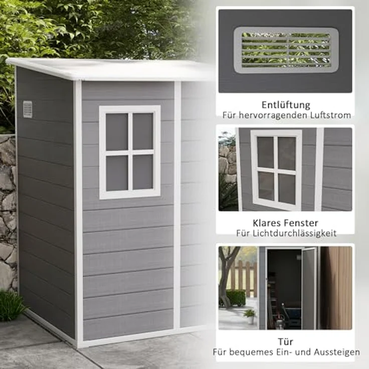 Outsunny Gerätehaus 1,54m³, Gartenhaus mit Pultdach, Aluminium Gartenschrank, Abschließbar Tür, Fenster, Grau – Bild 4