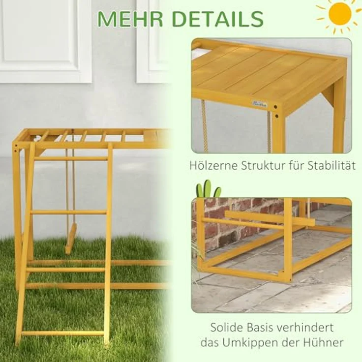 PawHut Hühnerstall Spielplatz mit Schaukeln und Leiter, Naturholz, für 3-4 Hühner, 100x110x70 cm, gelb – Bild 5