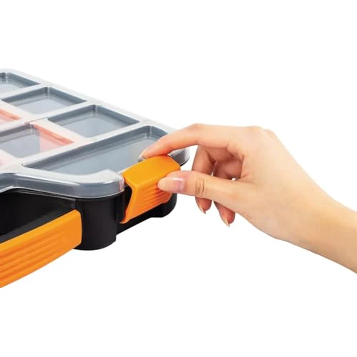 Perel Sortimentskasten, Kunststoff Aufbewahrungsbox, max. 20 Fächer mit 16 herausnehmbaren Trennwänden, transparenter Deckel, stapelbar, extra groß für Schrauben, Muttern, Nägel und Kleinteile – Bild 3