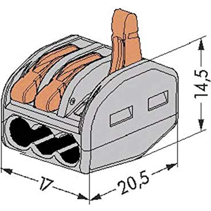 WAGO 222-413-50 Verbindungsklemme, flexibel für 0.08-4mm² und starr bis 0.08-2.5mm², Polzahl 3, 50 Stück, grau-orange – Bild 2