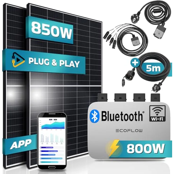 SUNNIVA® Balkonkraftwerk 850W/800W Solaranlage, 800W Ecoflow PowerStream Micro Wechselrichter mit Wifi & Bluetooth, 2x 425W Solarmodule, 5m Kabel, PV, Aluminiumrahmen, ARC-Glas, 30-jährige Garantie