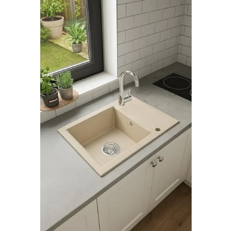 QLS Granit-Küchenspüle LUNA 1-Becken mit Abtropffläche, 59x44 cm, reversibel, automatischer Siphon, für 40 cm Unterschrank, beige, matt, kompakt – Bild 3
