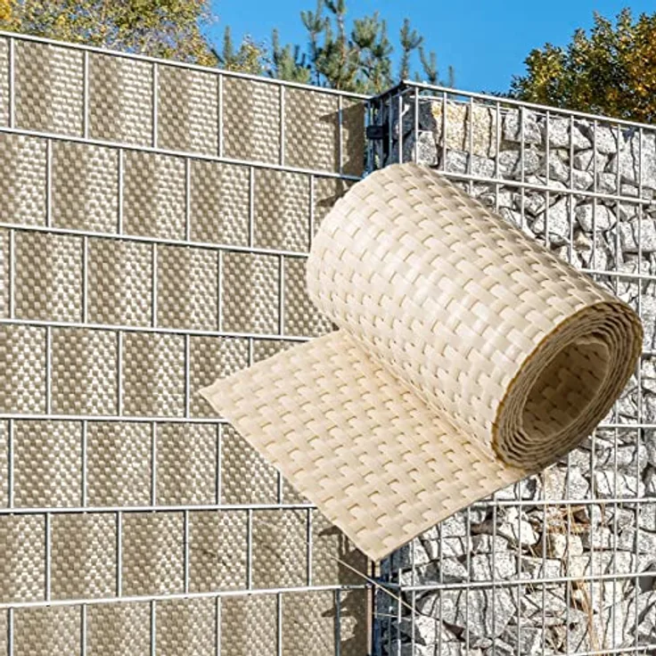 NYVI Privafence Polyrattan Sichtschutzstreifen, Beige, 10 Rollen (25,5 m), wetterfest und UV-resistent, passend für Doppelstabmattenzaun