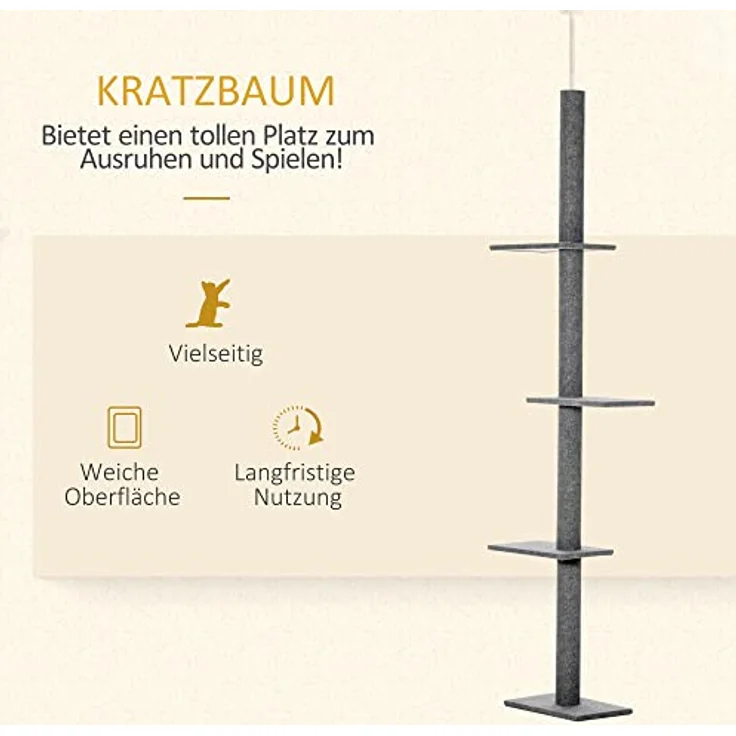 PawHut Kratzbaum Deckenhoch, 228-260 cm Höhenverstellbarer Katzenbaum Kletterbaum für Katzen mit 3 Ebenen, Katzenkratzbaum, Spielbaum vom Boden bis zur Decke Grau – Bild 4
